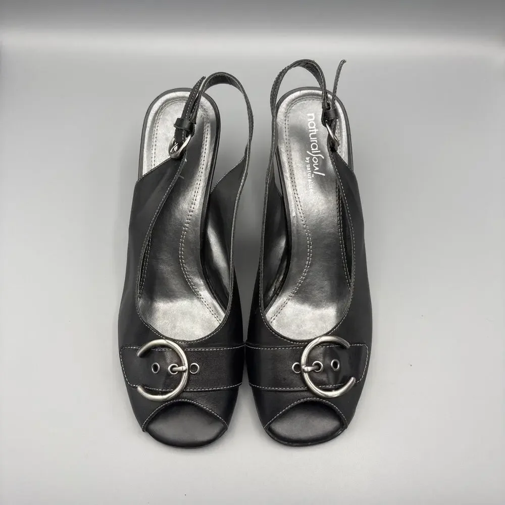 Natural Soul Shoes Size 9 Black Silver Buckle Sling Back Peep Toe Wedge Heels